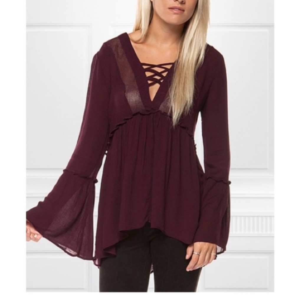 Plum Crochet-Accent Bell-Sleeve Top size XS